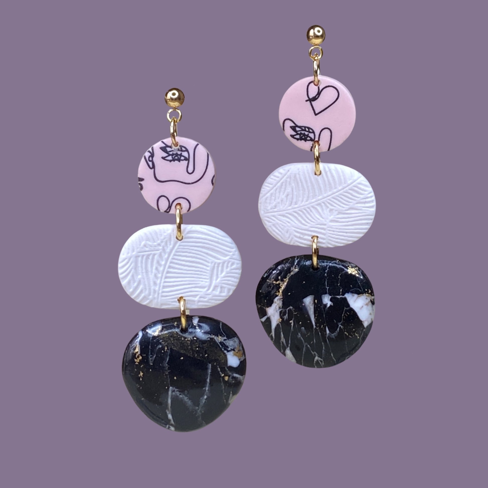 Modern polymer Clay statement earrings in beautiful black and white marble with some pale pink accents