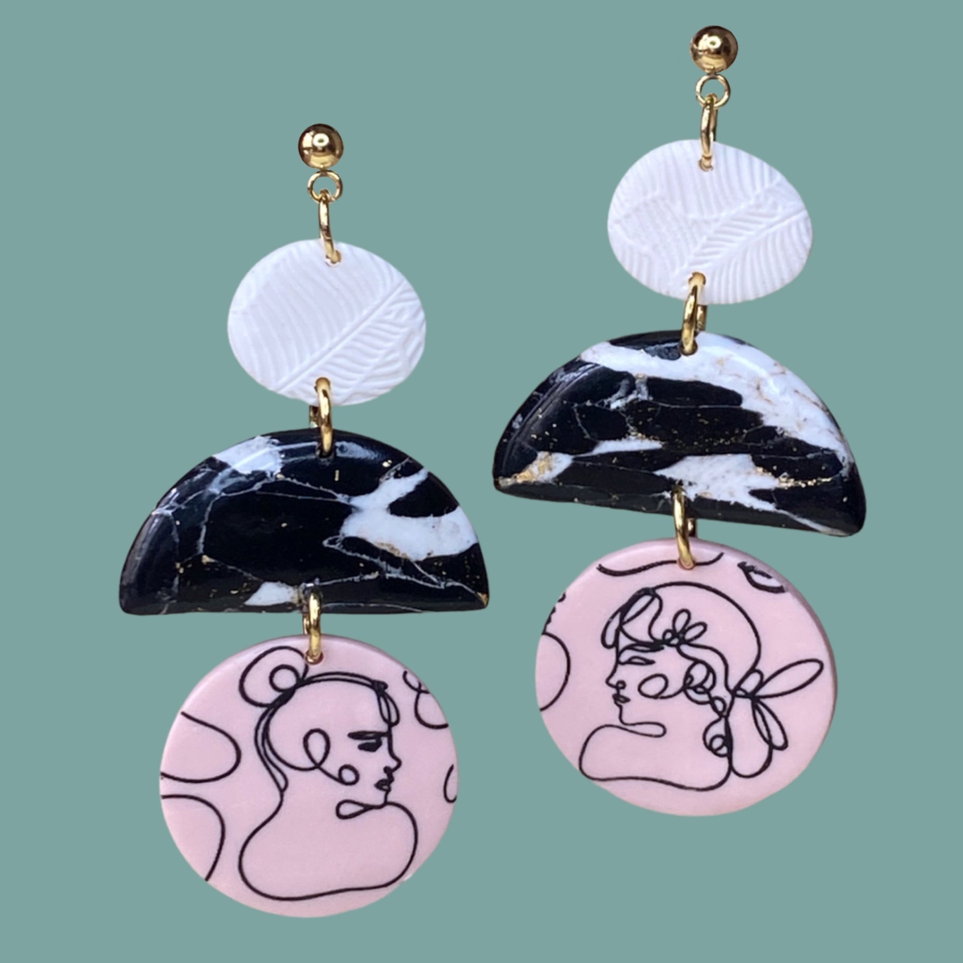 Modern polymer Clay statement earrings in beautiful black and white marble with some pale pink accents